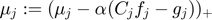 $\mu_j := (\mu_j-\alpha(C_jf_j-g_j))_+$